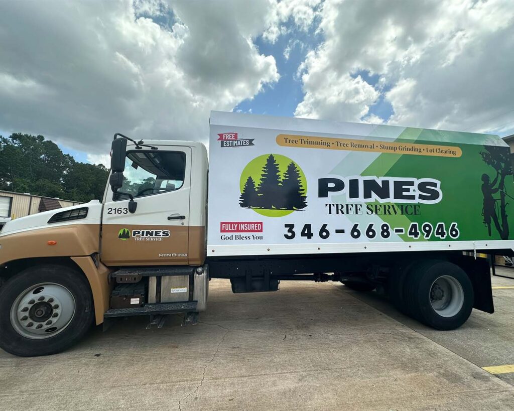 Pines tree trimming service, truck wrap, performed by CSPrinting in Houston, Texas