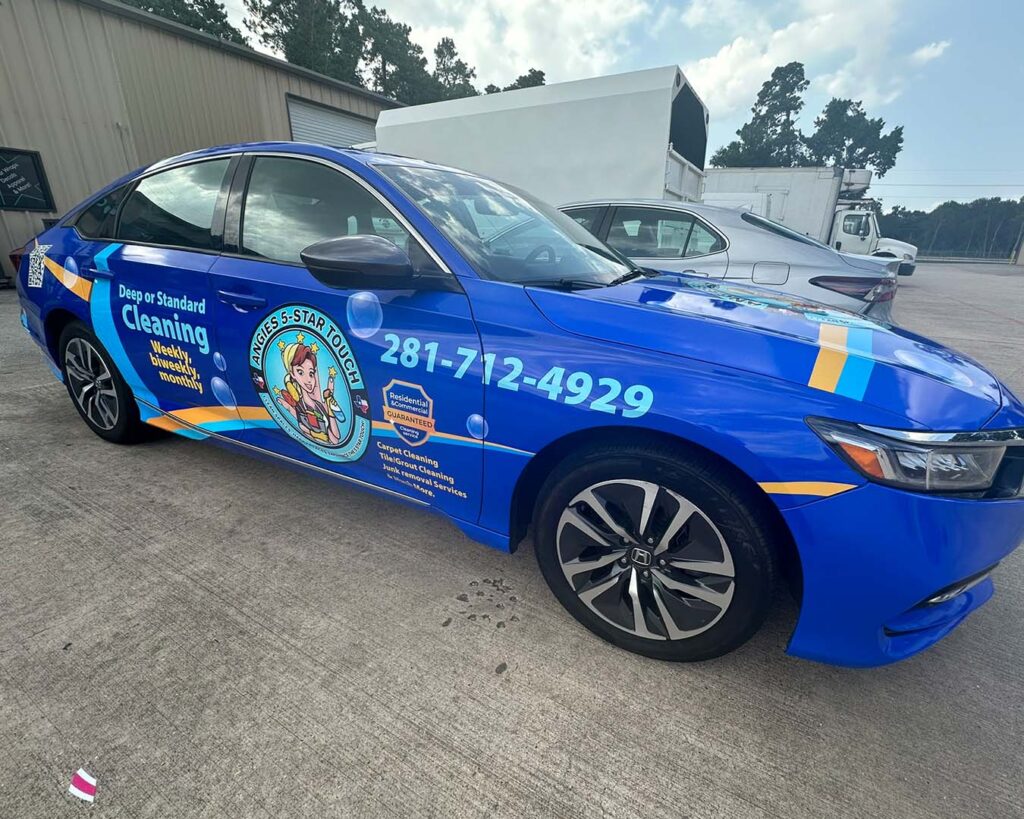 Angies 5 star touch, Blue car wrap with sports design, performed by CSPrinting in Houston, Texas