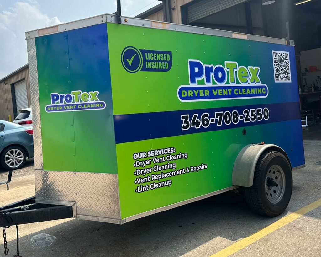 ProTex dryer vent cleaning green and blue trailer wrap, performed by CSPrinting in Houston, Texas