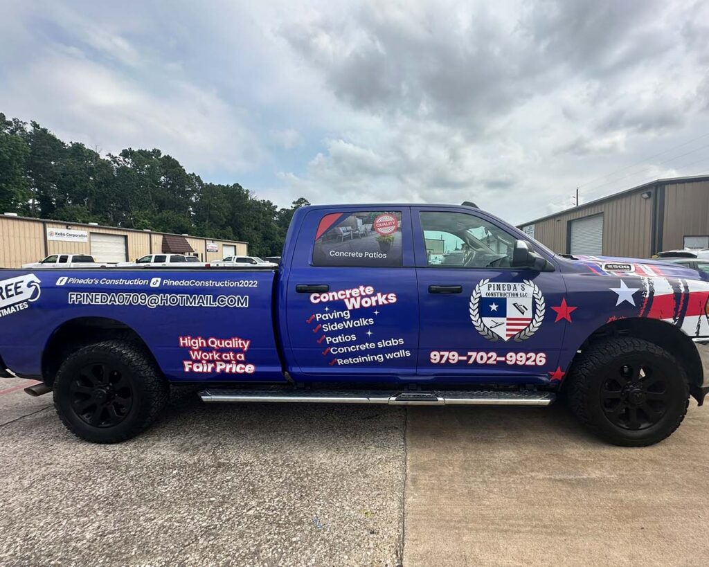 Blue patriotic truck wrap, Pineda's construction llc, performed by CSPrinting in Houston, Texas